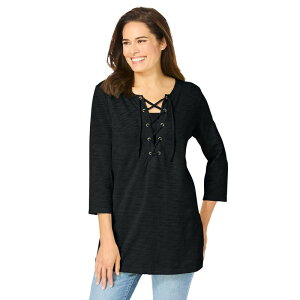 �E�[�}�� �E�B�Y�C�� ���f�B�[�X �g�b�v�X T�V���c �v���X�T�C�Y ���[�X Woman Within Plusize Lace-Up Three-Quarter Sleeve Tee Black �u���b�N