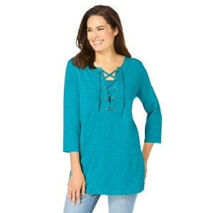 �E�[�}�� �E�B�Y�C�� ���f�B�[�X �g�b�v�X T�V���c �v���X�T�C�Y ���[�X Woman Within Plusize Lace-Up Three-Quarter Sleeve Tee Pretty Turquoise �^�[�R�C�Y