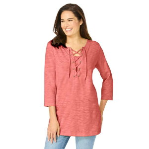�E�[�}�� �E�B�Y�C�� ���f�B�[�X �g�b�v�X T�V���c �v���X�T�C�Y ���[�X Woman Within Plusize Lace-Up Three-Quarter Sleeve Tee Sweet Coral �R�[����