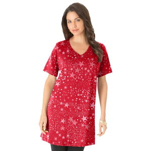 ���A�}���Y ���f�B�[�X �g�b�v�X T�V���c V�l�b�N �v���X�T�C�Y �R�b�g�� Roaman's Women's Plusize Cotton Short Sleeve V-Neck Ultimate Tunic Vivid Red Stars ���b�h
