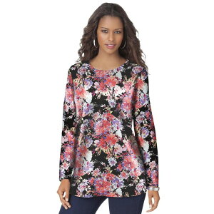 ���A�}���Y ���f�B�[�X �g�b�v�X T�V���c �N���[�l�b�N �v���X�T�C�Y �R�b�g�� Roaman's Women's Plusize Cotton Ultimate Long Sleeve Crewneck Tee Black Bouquet �u���b�N