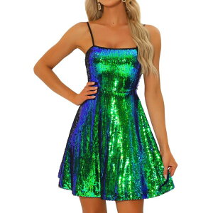 �A���O�� �P�[ ���f�B�[�X �g�b�v�X �����s�[�X�p���R�[�� ALLEGRA K Women's Adjustable Spaghetti Straps Party Glitter Sparkle Sequin Dress Green �O���[��