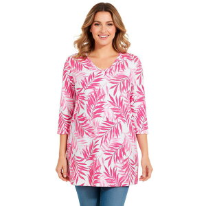 �E�[�}�� �E�B�Y�C�� ���f�B�[�X �g�b�v�X T�V���c V�l�b�N �v���X�T�C�Y �v�����g Woman Within Plusize Perfect Printed Three-Quarter-Sleeve V-Neck Tunic Raspberry Palm Leaves