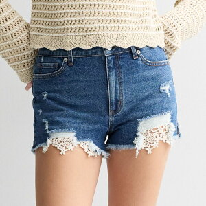 �G�X�I�[ ���f�B�[�X �{�g���X �n�[�t�p���c�E�V���[�c �V���[�g�p���c �f�j�� Juniors' SO High Rise Denim Frayed Crochet Hem Shorts Dark �f�j��
