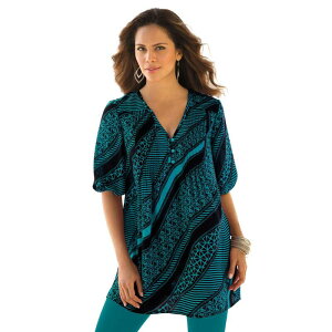 ���A�}���Y ���f�B�[�X �g�b�v�X �V���c �W���[�[�b�g �v���X�T�C�Y �v�����g Roaman's Women's Plusize Printed Y-neck Georgette Top Tropical Teal Mixed �e�B�[��