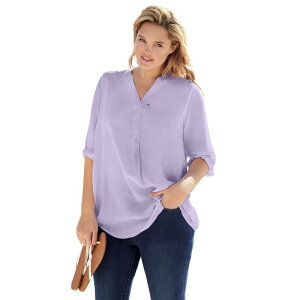 �E�[�}�� �E�B�Y�C�� ���f�B�[�X �g�b�v�X T�V���c �v���X�T�C�Y �u���E�X Woman Within Plusize Rayon Three-Quarter Sleeveffortless Tab-Front Blouse Pale Lilac ���C���b�N