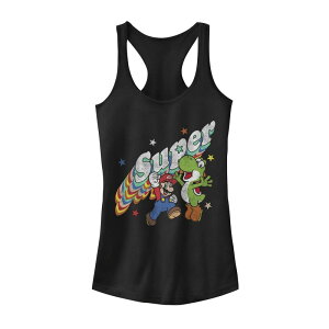 �A�j���L�����N�^�[ ���f�B�[�X �g�b�v�X T�V���c �O���t�B�b�N Licensed Character Juniors' Nintendo Super Mario Yoshi Rainbow 3D Star Graphic Tank Top Black �u���b�N