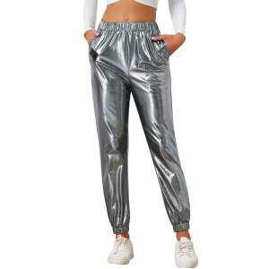 �A���O�� �P�[ ���f�B�[�X �{�g���X �J�W���A���p���c �n�C�E�G�X�g�[�� ALLEGRA K Women's Party Sparkle Shiny High Waist Metallic Jogger Pantsilver Grey �O���[