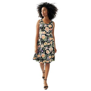 Ellos ���f�B�[�X �g�b�v�X �����s�[�X �v���X�T�C�Y �m�[�X���[�u �j�b�g ellos Plusize Stretch Knit Scoop Neck Sleeveless Fit And Flare Dress Black Floral Bouquet �u���b�N
