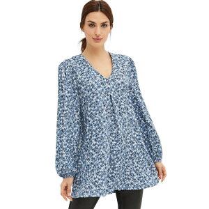 Ellos ���f�B�[�X �g�b�v�X T�V���c �v���X�T�C�Y �j�b�g ellos Plusize Inverted Pleatextured Knitunic With Blouson Sleeves Blue Shadow Ditsy �u���[