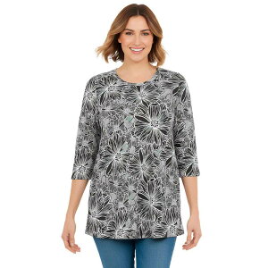 �E�[�}�� �E�B�Y�C�� ���f�B�[�X �g�b�v�X T�V���c �v���X�T�C�Y �v�����g Woman Within Plusize Perfect Printed Three-Quarter-Sleeve Scoopneck Tunic Black Sketch Floral �u���b�N