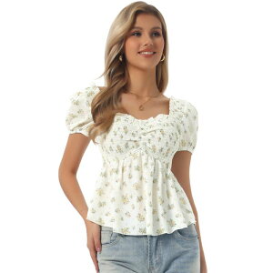 �A���O�� �P�[ ���f�B�[�X �g�b�v�X T�V���c �t�����[�� �t���� �u���E�X �t�����[ ALLEGRA K Puffy Short Sleeve Floral Blouse for Women'sweetheart Neck Shirred Ruffle Peplum Top Beige �x�[�W��
