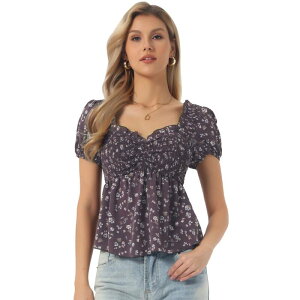 �A���O�� �P�[ ���f�B�[�X �g�b�v�X T�V���c �t�����[�� �t���� �u���E�X �t�����[ ALLEGRA K Puffy Short Sleeve Floral Blouse for Women'sweetheart Neck Shirred Ruffle Peplum Top Coffee �R�[�q�[