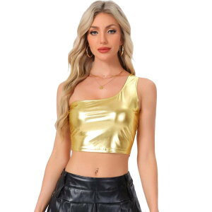 �A���O�� �P�[ ���f�B�[�X �g�b�v�X T�V���c �g�[�� �N���b�v�h �u���E�X ALLEGRA K Women's Metallicropped Top One Shoulder Party Blouse Light Gold �S�[���h