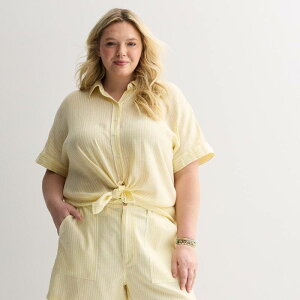 �\�m�} ���f�B�[�X �g�b�v�X �V���c �v���X�T�C�Y ���l�� Plusize Sonoma Goods For Life Striped Linen Camp Shirt Soft Yellow Stripe �C�G���[