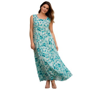 ���A�}���Y ���f�B�[�X �g�b�v�X �����s�[�X �v���X�T�C�Y �m�[�X���[�u Roaman's Women's Plusize Hand-Crinkled Sleeveless Dress Turquoise Mixed Leaves �^�[�R�C�Y