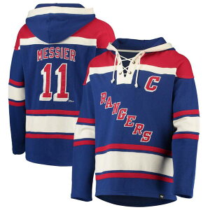 �t�H�[�e�B�Z�u���u�����h ���f�B�[�X �g�b�v�X T�V���c ���[�X �p�[�J�[ 47 Brand Men's '47 Mark Messier Blue New York Rangers Retired Player Name & Number Lacer Pullover Hoodie Ran Blue �u���[