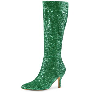 �A���O�� �P�[ ���f�B�[�X �V���[�Y �u�[�c�E���C���u�[�c �q�[�� ALLEGRA K Women'sparkle Glitter Pointy Toe Stiletto Heel Knee High Boots Green �O���[��