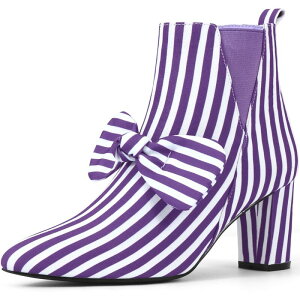 �A���O�� �P�[ ���f�B�[�X �V���[�Y �u�[�c�E���C���u�[�c �A���N�� �q�[�� ALLEGRA K Women's Pointed Toe Bow Striped Chunky Heels Ankle Boots Purple �p�[�v��