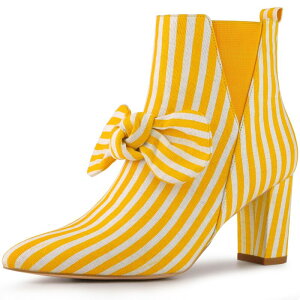 �A���O�� �P�[ ���f�B�[�X �V���[�Y �u�[�c�E���C���u�[�c �A���N�� �q�[�� ALLEGRA K Women's Pointed Toe Bow Striped Chunky Heels Ankle Boots Yellow �C�G���[