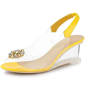 �A���O�� �P�[ ���f�B�[�X �V���[�Y �p���v�X �q�[�� ALLEGRA K Women's Clear Slingback Wedges Rhinestone Transparent Peep Toe Heels Yellow �C�G���[