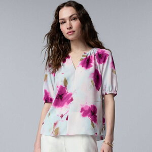 ���F���E�H�� ���f�B�[�X �g�b�v�X �V���c �v�` �u���E�X Petite Simply Vera Wang Shirred Blouse Bl Purple Floral �p�[�v��