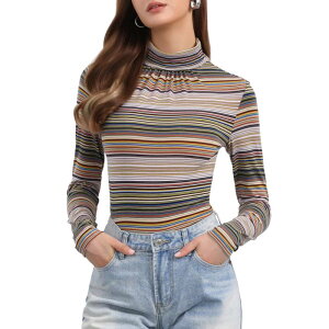 �A���O�� �P�[ ���f�B�[�X �g�b�v�X �V���c �^�[�g���l�b�N ALLEGRA K Women's Long Sleeve Turtleneck Topstretch Slim Party Plaid Shirt Brown Striped �u���E��