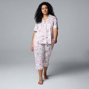 ���F���E�H�� ���f�B�[�X �A���_�[�E�F�A �i�C�g�E�F�A �v���X�T�C�Y �L���b�v Plusize Simply Vera Wang 2-pc. Pajama Short Sleeve Notch Top & Capri Pant Set Grey Floral �O���[