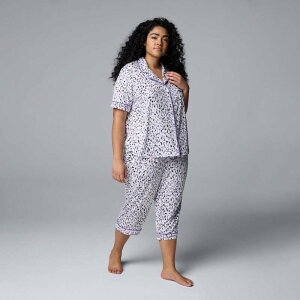 ���F���E�H�� ���f�B�[�X �A���_�[�E�F�A �i�C�g�E�F�A �v���X�T�C�Y �L���b�v Plusize Simply Vera Wang 2-pc. Pajama Short Sleeve Notch Top & Capri Pant Set White Animal �z���C�g