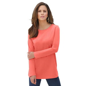 ���A�}���Y ���f�B�[�X �g�b�v�X T�V���c �N���[�l�b�N �v���X�T�C�Y �R�b�g�� Roaman's Women's Plusize Ultimate Cotton Crewneck Long Sleeve Tee Sunset Coral �R�[����