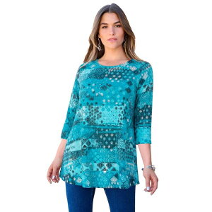 ���A�}���Y ���f�B�[�X �g�b�v�X T�V���c �v���X�T�C�Y Roaman's Women's Plusize Ultimate Three Quarter Sleeve Swing Tee Deep Turquoise Stencil �^�[�R�C�Y