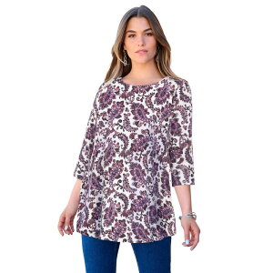 ���A�}���Y ���f�B�[�X �g�b�v�X T�V���c �v���X�T�C�Y Roaman's Women's Plusize Ultimate Three Quarter Sleeve Swing Tee White Painterly �z���C�g