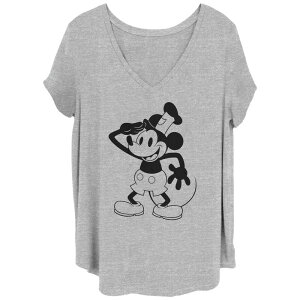 �A�j���L�����N�^�[ ���f�B�[�X �g�b�v�X T�V���c V�l�b�N �L���b�v Licensed Character Disney's 100th Anniversary Women's Mickey Mouse Steamboat Willie Captain V-Neck Tee Heather Gray �O���[