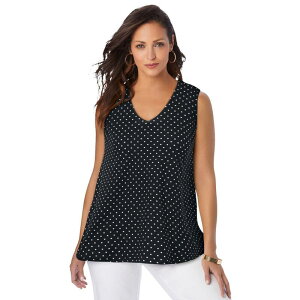 �W�F�V�J�����h�� ���f�B�[�X �g�b�v�X T�V���c V�l�b�N �v���X�T�C�Y �R�b�g�� Jessica London Women's Plusize Stretch Cotton V-Neck Trapeze Tank Black Ivory Dot �A�C�{���[