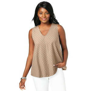 �W�F�V�J�����h�� ���f�B�[�X �g�b�v�X T�V���c V�l�b�N �v���X�T�C�Y �R�b�g�� Jessica London Women's Plusize Stretch Cotton V-Neck Trapeze Tank New Khakivory Dot �A�C�{���[