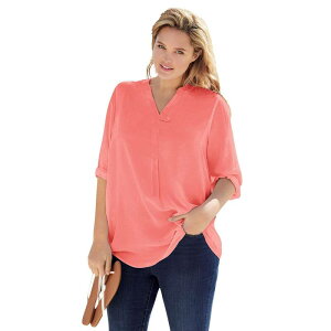 �E�[�}�� �E�B�Y�C�� ���f�B�[�X �g�b�v�X T�V���c �v���X�T�C�Y �u���E�X Woman Within Plusize Rayon Three-Quarter Sleeveffortless Tab-Front Blouse Sweet Coral �R�[����