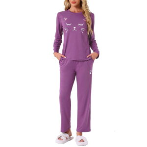 cheibear ���f�B�[�X �A���_�[�E�F�A �i�C�g�E�F�A �v�����g �p���c cheibear Women's Pajamas Nightwear Cute Cat Printops and Pantsleepwear Lounge Stes Purple �p�[�v��