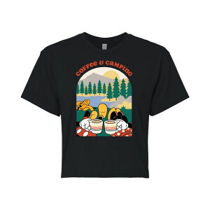 �y���������z �f�B�Y�j�[ ���f�B�[�X T�V���c �g�b�v�X Disney's Mickey Mouse & Minnie Mouse & Pluto Juniors' Coffee Camping Cropped Tee Black