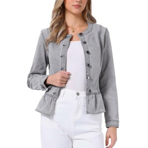 �y���������z �A���O�� �P�[ ���f�B�[�X �W���P�b�g�E�u���]�� �A�E�^�[ Women's Round Neck Button Down Ruffled Hem Cropped Washed Denim Jacket Gray