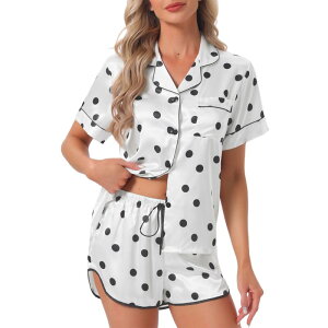 cheibear ���f�B�[�X �A���_�[�E�F�A �i�C�g�E�F�A �V���[�g�p���c �T�e�� cheibear Women'satin Pajamas Nightwear 2pcsleepwear Tops with Shorts Lounge PJ Sets White Dots �z���C�g
