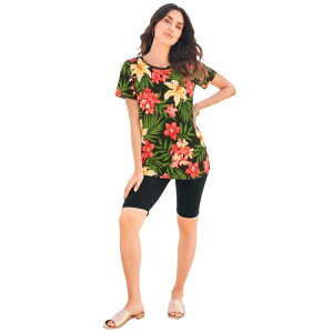 ���A�}���Y ���f�B�[�X �g�b�v�X T�V���c �N���[�l�b�N �v���X�T�C�Y �R�b�g�� Roaman's Women's Plusize Cotton Ultimate Crewneck Tee Black Tropical Floral �u���b�N