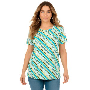 ���A�}���Y ���f�B�[�X �g�b�v�X T�V���c �N���[�l�b�N �v���X�T�C�Y �R�b�g�� Roaman's Women's Plusize Cotton Ultimate Crewneck Tee Turq Diagonal Stripe �X�g���C�v