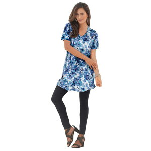 ���A�}���Y ���f�B�[�X �g�b�v�X T�V���c V�l�b�N �v���X�T�C�Y �R�b�g�� Roaman's Women's Plusize Ultimate Cotton V-Neck Short Sleeve Tunic Blue Dreamy Floral �u���[
