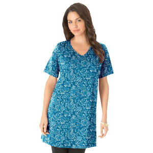 ���A�}���Y ���f�B�[�X �g�b�v�X T�V���c V�l�b�N �v���X�T�C�Y �R�b�g�� Roaman's Women's Plusize Ultimate Cotton V-Neck Short Sleeve Tunic Deep Teal Batik �e�B�[��