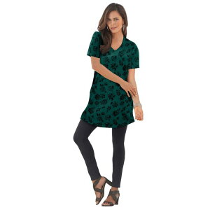 ���A�}���Y ���f�B�[�X �g�b�v�X T�V���c V�l�b�N �v���X�T�C�Y �R�b�g�� Roaman's Women's Plusize Ultimate Cotton V-Neck Short Sleeve Tunic Emerald Flower Print �G�������h