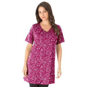 ���A�}���Y ���f�B�[�X �g�b�v�X T�V���c V�l�b�N �v���X�T�C�Y �R�b�g�� Roaman's Women's Plusize Ultimate Cotton V-Neck Short Sleeve Tunic Very Berry Batik