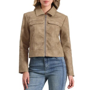 �A���O�� �P�[ ���f�B�[�X �A�E�^�[ �W���P�b�g�E�u���]�� ���U�[ �t�F�C�N���U�[ ALLEGRA K Collar Jacket for Women's Faux Leather Zip Long Sleeve Casual Jackets Tan �^��