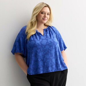 �i�C���E�F�X�g ���f�B�[�X �g�b�v�X �V���c �o���[���X���[�u �v���X�T�C�Y Plusize Nine West Balloon Sleeve Pop Over Nicole Blue �u���[