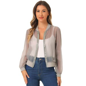 �A���O�� �P�[ ���f�B�[�X �A�E�^�[ �W���P�b�g�E�u���]�� ALLEGRA K Women's Long Sleeves Zip Up See Through Lightweight Bomber Jacket Gray �O���[