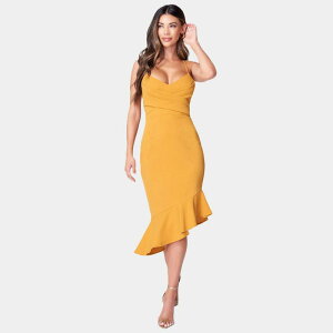 �x�x ���f�B�[�X �g�b�v�X �����s�[�X �~�f�B Women's bebe Cross Over Flounce Midi Dress Mustard �}�X�^�[�h